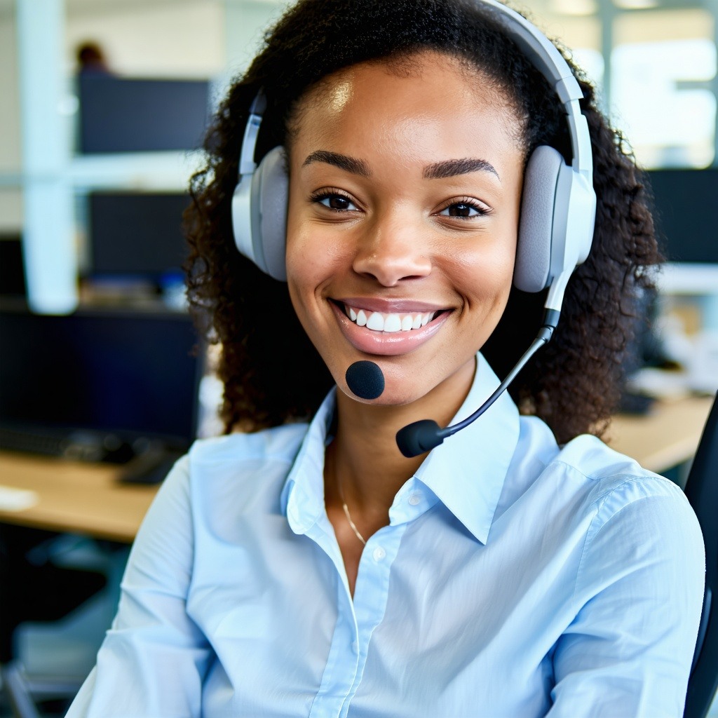 Imagine a person working in a financial call center smiling Use Innovatia brand colours wwwinnovatianet-1