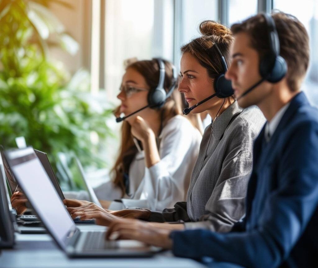 three people engage with cloud communication technology in the workplace