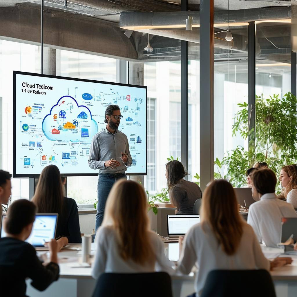Employees in a training session about cloud telecommunications