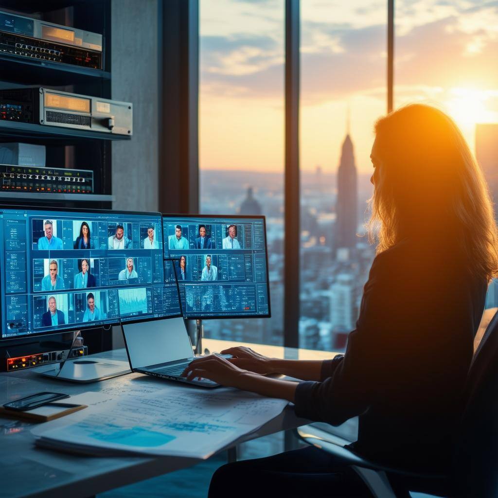 Woman works at desk with video conferencing on screens in front of her